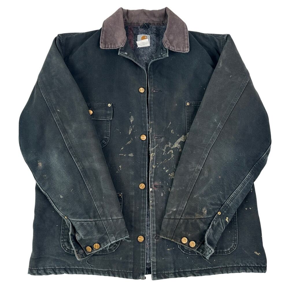 VTG Carhartt C01 Black Blanket-Lined Distressed Chore Coat Jacket Men's Sz XL